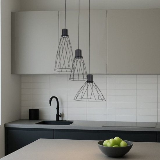 Lampadario per cucina nero tre elementi diffusori a gabbia